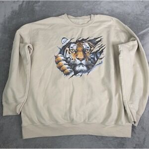 Vintage 90s Tiger Nature Sweatshirt Men's Size XL Beige Outdoor